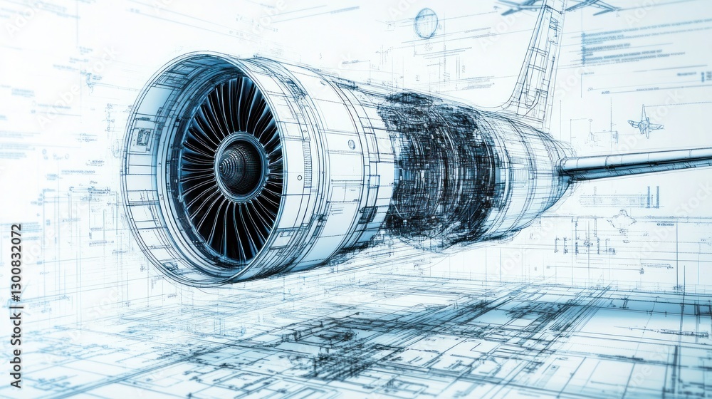 Aufkleber a detailed digital rendering of an aircraft engine with technical schematics.