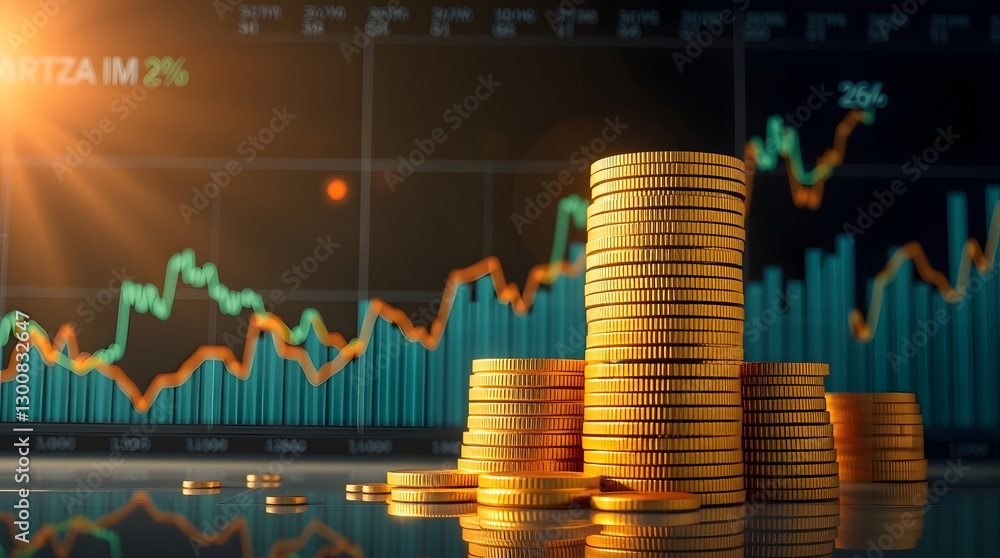 Poster stacks of golden coins with financial graph in background, representing concept of growth and wealth