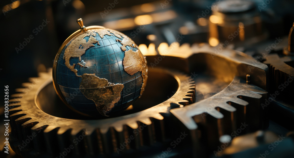 Poster a globe is set within large metallic gears, highlighting the relationship between the world and intr