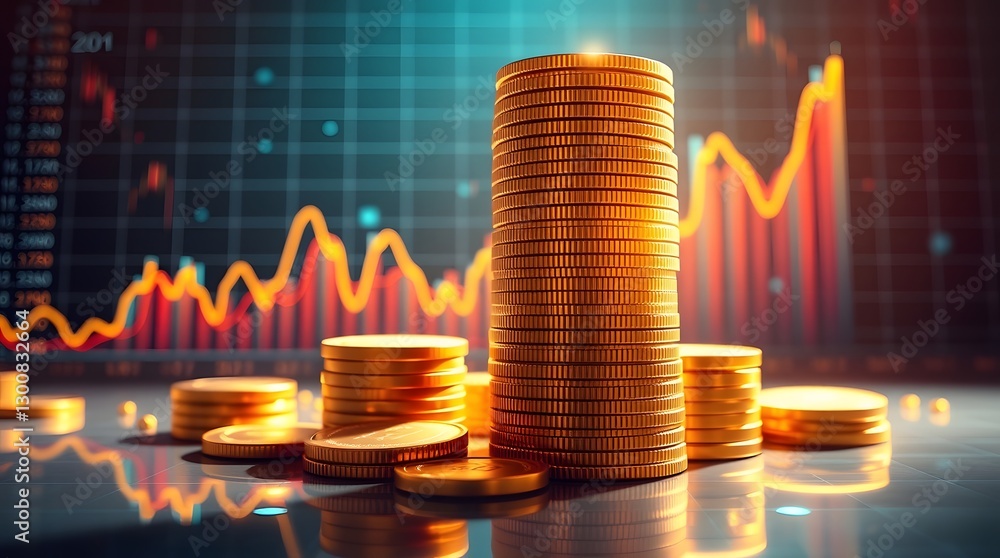 Aufkleber stacks of golden coins and an upward trending graph symbolizing financial growth and investment succ