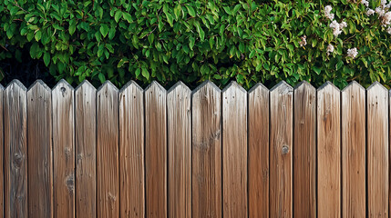 Fototapeta premium A wooden fence with green bushes in the background. generated using AI