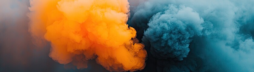 Orange and blue smoke clouds collide, outdoor background, abstract art