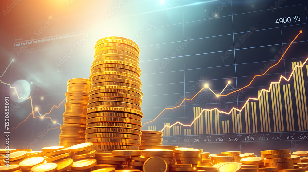 Poster stacks of golden coins with a financial growth chart in the background, symbolizing wealth and inves