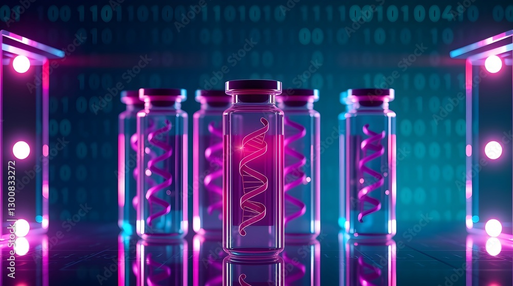 Poster vials with glowing DNA helix against binary code backdrop, science concept illustration