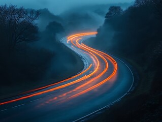 Night road, curving path, foggy landscape, light trails