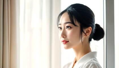 two asian women looking out of windows.