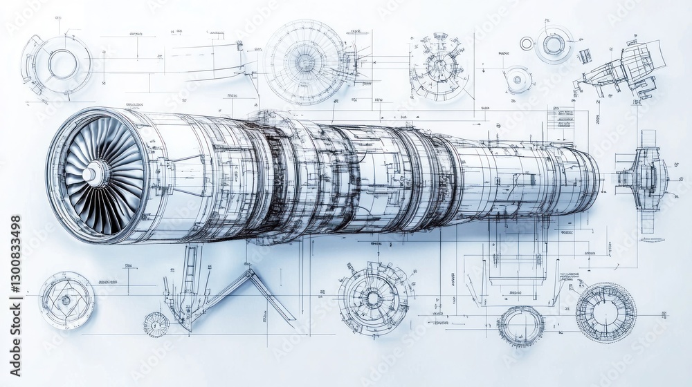 Poster technical drawing of a jet engine with detailed schematics and components.