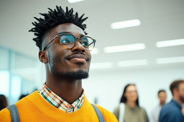 Young man with stylish glasses wearing bright yellow sweater in modern office setting