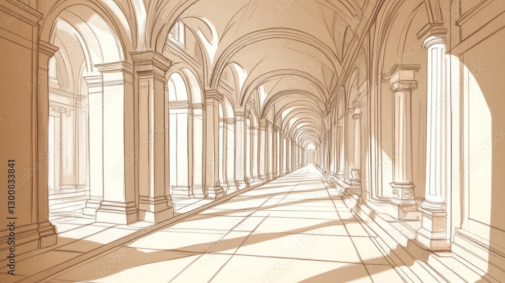 Poster a spacious corridor with arches and columns, illuminated by soft light and shadows.
