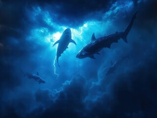 Obraz premium Mysterious underwater realm illuminated by lightning bolts amidst the shadows of majestic sharks. Generative AI