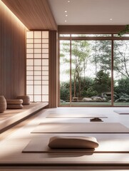 Fototapeta premium A modern yoga studio showing beautiful interior designs of wood