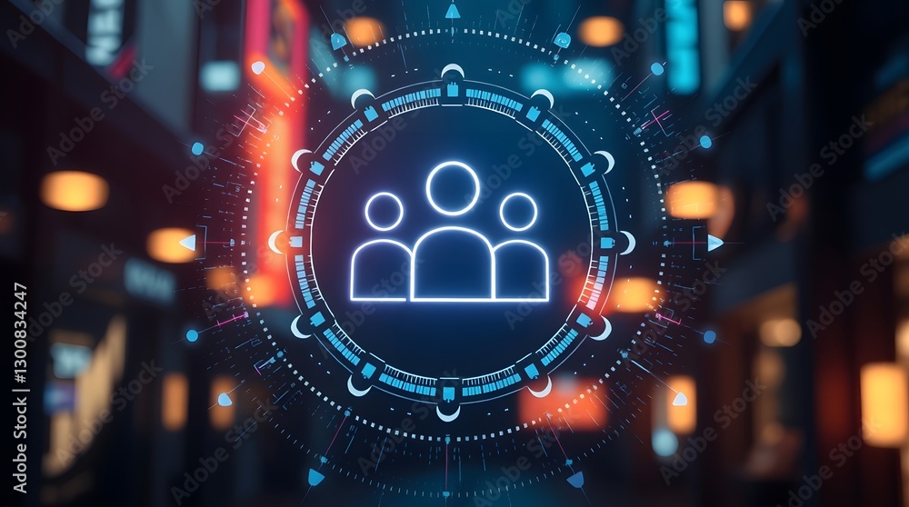 Poster a digital representation of teamwork, symbolizing collaboration and unity within a modern tech environment. It features an illuminated icon of people
