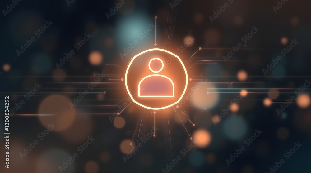 Poster a glowing user icon representing profile or a user sign, set against a blurred background with bokeh lights