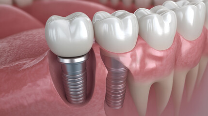 Dental Implants Close-Up &ndash; Metallic Screws, White Tooth Crowns, 3D Rendering, Medical Illustration, Advanced Dental Technology, Cosmetic Dentistry, Oral Surgery, Professional Dental Marketing, 
banner