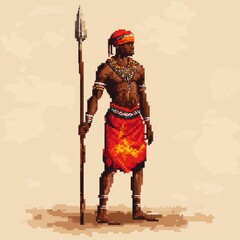 Obraz premium African Warrior Holding a Spear Dressed in Red