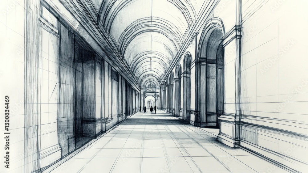 Poster a sketch of a grand architectural corridor with arches and light at the end.