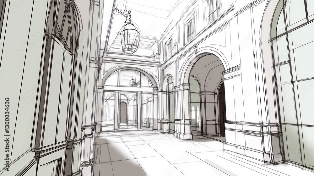 Aufkleber a linear sketch of an elegant architectural corridor with arches and a lantern.