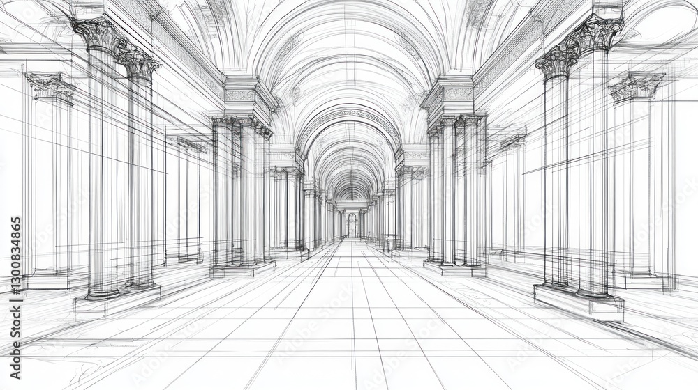 Poster a linear architectural sketch of a grand corridor with columns and arches.