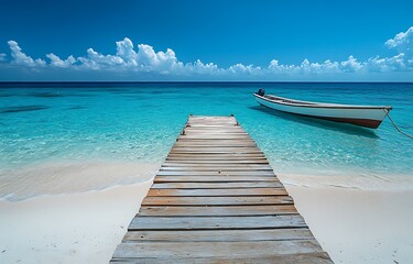 Fototapeta premium Serene White Sand Beach with Crystal Clear Blue Water and Dock