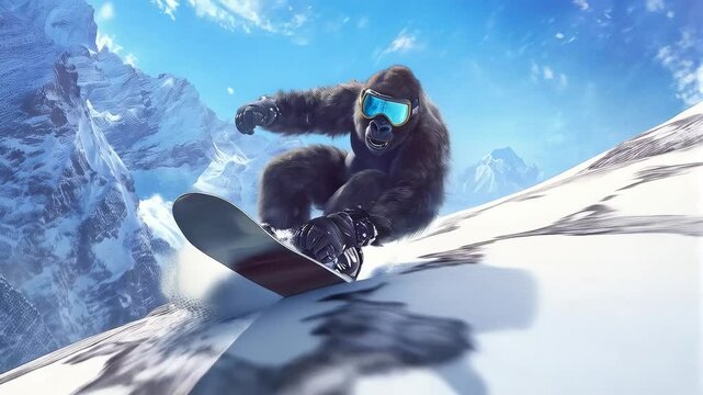 Snowboarding gorilla conquers the mountain in an exhilarating display of skill and adventure against a breathtaking winter backdrop