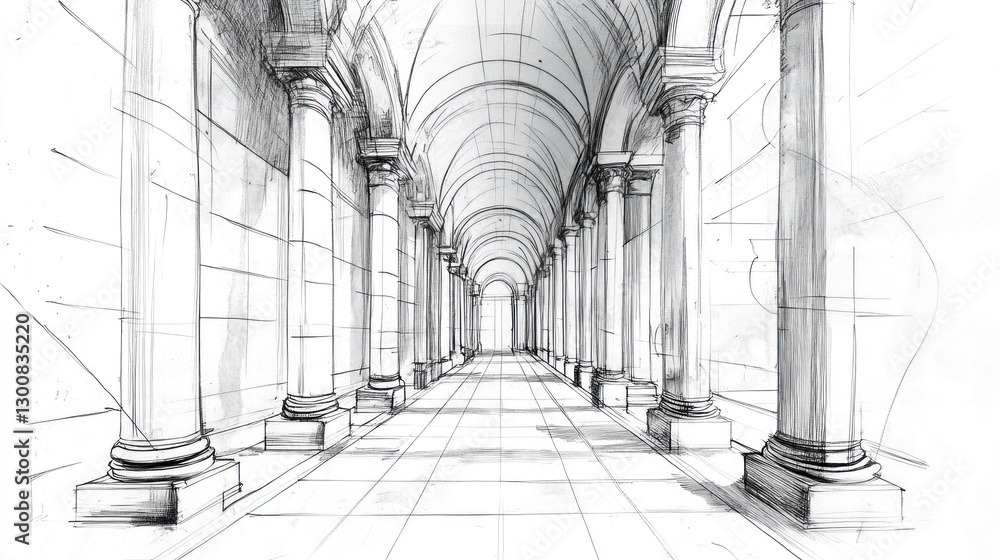 Poster a sketch of a grand architectural corridor with columns and arches.