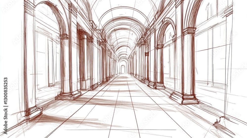 Poster a sketch of a grand corridor featuring arches and columns, emphasizing architectural design.