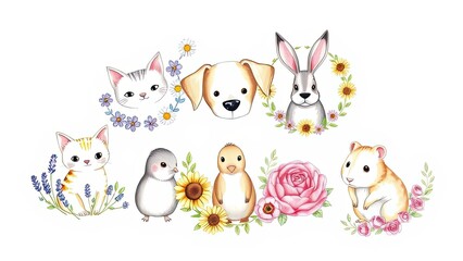 Naklejka premium Adorable Pets Flowers Cute Animal Illustrations