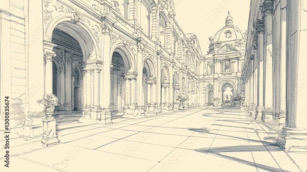 Poster a detailed architectural sketch of a grand corridor with arches and classical elements.
