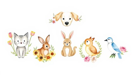 Adorable Watercolor Animals Cute Cat Bunny Dog Owl Bird