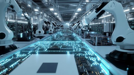 A sleek manufacturing facility with rows of robotic arms assembling complex motherboards under cool white and blue lighting, with glowing circuitry