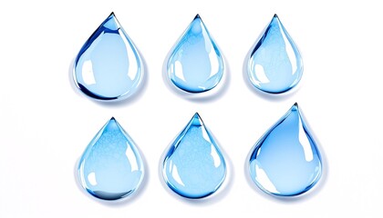 A collection of six blue water droplets, rendered with high detail and resolution.