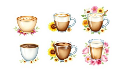 Watercolor Coffee Cups Latte Art Floral Decor Sunflowers Roses Cafe Menu Design