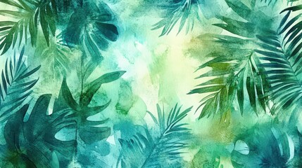 Vibrant watercolor greenery design with tropical leaves and lush vegetation
