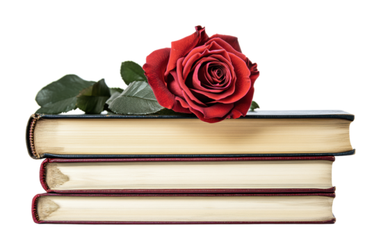 Romantic gesture with red rose resting on vintage books, perfect for book lovers and literary enthusiasts, cut out