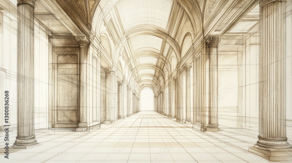 Poster a detailed architectural sketch of a grand corridor with columns and arches.