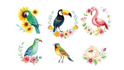 Obraz premium Tropical Birds Flowers Watercolor Illustration Nature Exotic Avian Wildlife Sunflowers Roses