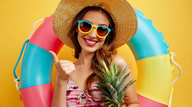 Tropical vacation advertising video loop. Smiling woman in swimsuit and sunglasses, straw hat, life jacket and pineapple.