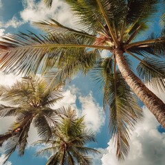 palm trees, coconut trees shot from below against a cloud filled sky, environment day, earth day, trees 