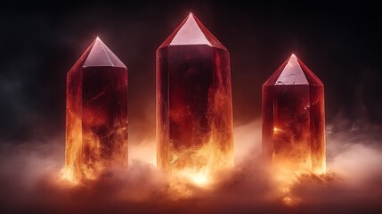 Three Glowing Red Crystals in Smoky Haze