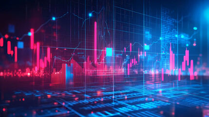 Dynamic financial chart with fluctuating graphs and glowing elements on a blue background. Growth - Flower. Illustration