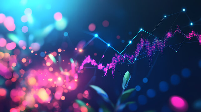 Dynamic financial chart with fluctuating graphs and glowing elements on a blue background. Growth - Flower. Illustration