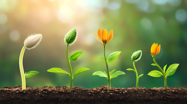 Illustration of plant growth stages from seed to mature plant, symbolizing development, success, and natural progression in a life cycle concept. Growth - Flower. Illustration