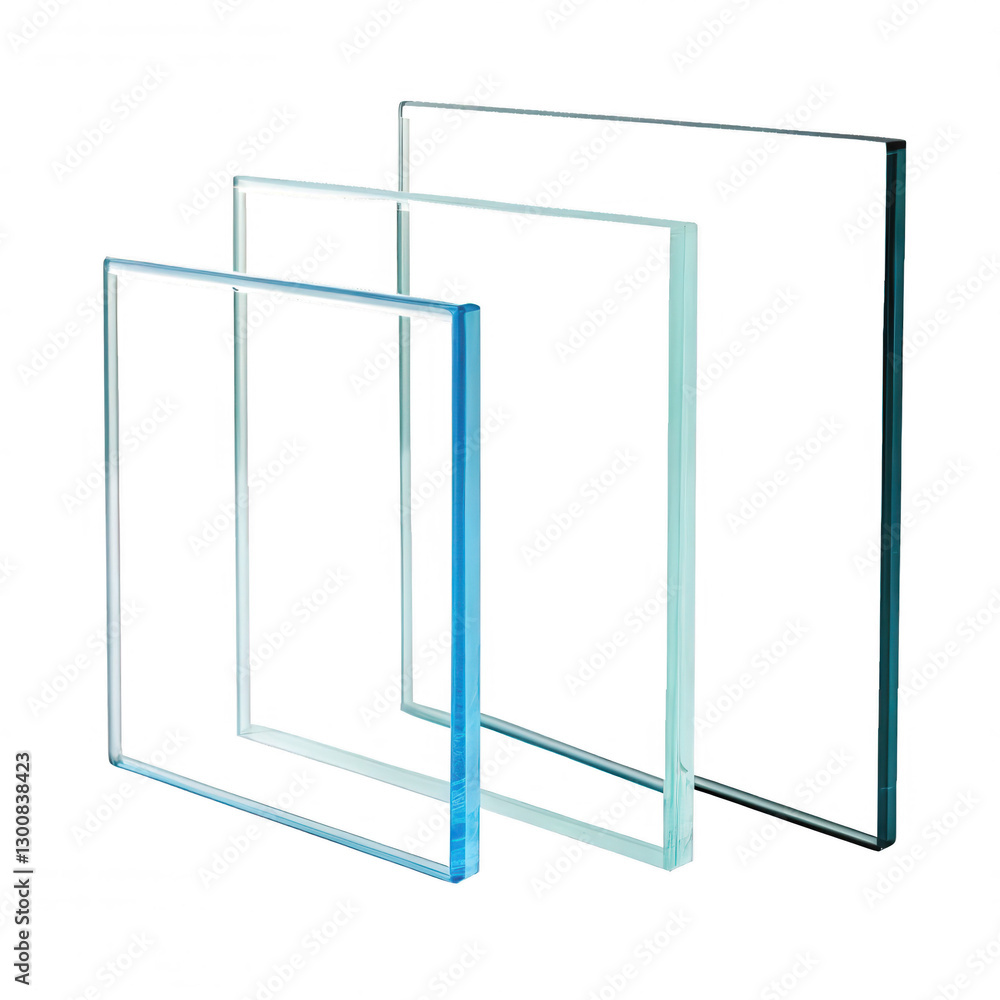 Poster three rectangular glass panels of varying sizes arranged in a staggered formation, showcasing their 