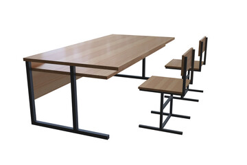 School desk with two chairs. Side view. 3D render.