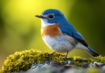 Naklejka premium Majestic Blue Bird with White and Brown Accents on a Mossy Surface