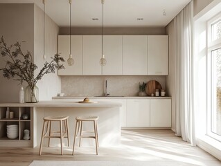 The minimalist kitchen is bathed in natural sunlight from a window