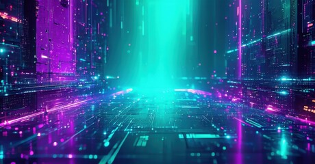 Obraz premium Cyber tech futuristic gradient background high energy violet blending radiant teal fine grainy noise texture geometric depth glowing sharp edges bright colorful design