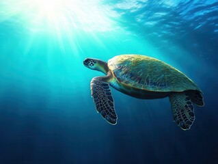 Obraz premium Mesmerizing view of a sea turtle gliding gracefully through sunlit waters in a vibrant underwater world. Generative AI