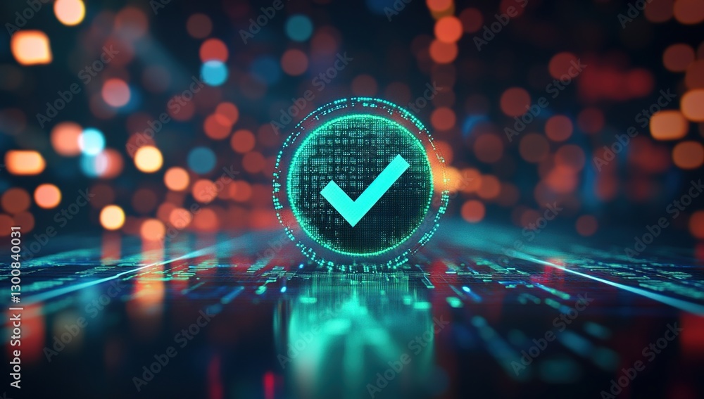 Poster glowing teal check mark in a digital circle on futuristic tech background