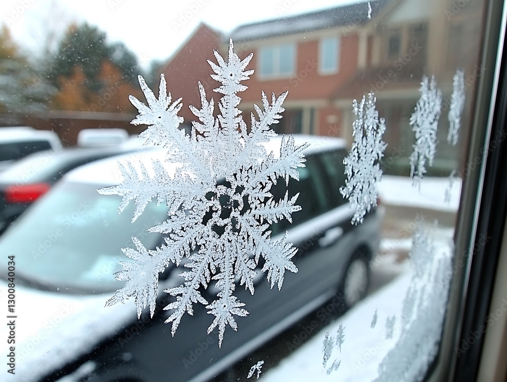 Poster frozen fractal: intricate snowflake patterns adorn a windowpane in winter
